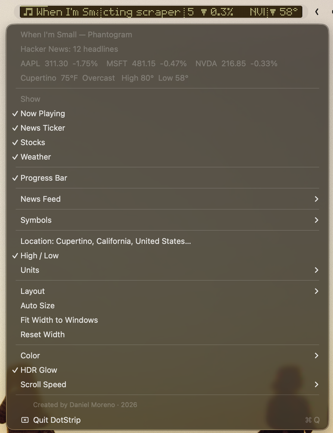 The DotStrip menu: widget toggles, news feed and symbols, location and units, layout, color, HDR Glow and scroll speed